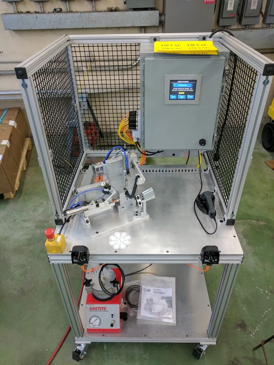Automated clamp bonding cell with two-hand control start and adhesive dispensing