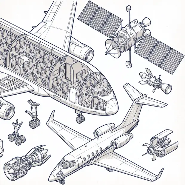 Airliner fuselage in cutaway, satellite and business jet