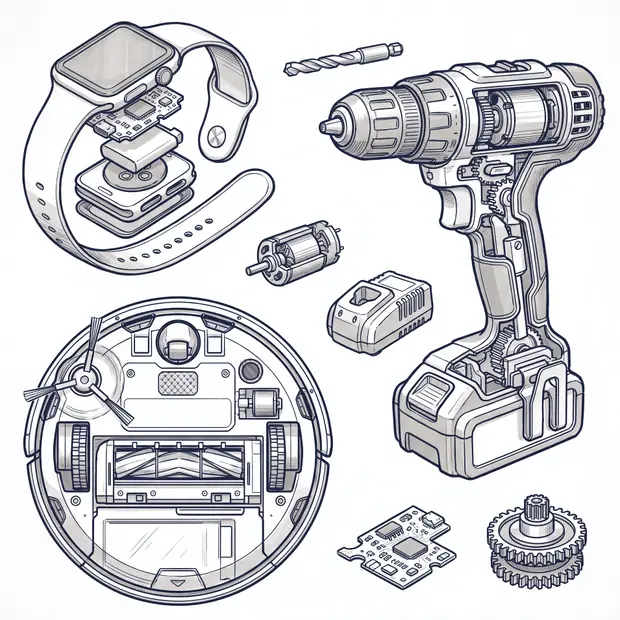 Exploded smartwatch, robot vacuum in cutaway and cordless drill