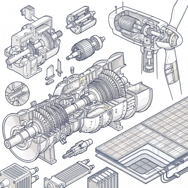 Gas turbine in cutaway, wind turbine and solar array