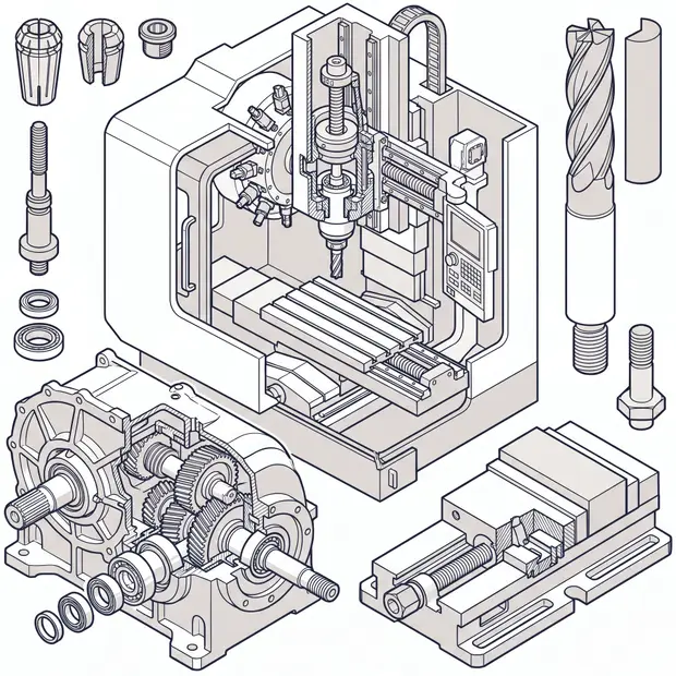 CNC machining center, gearbox casting, vise and end mill